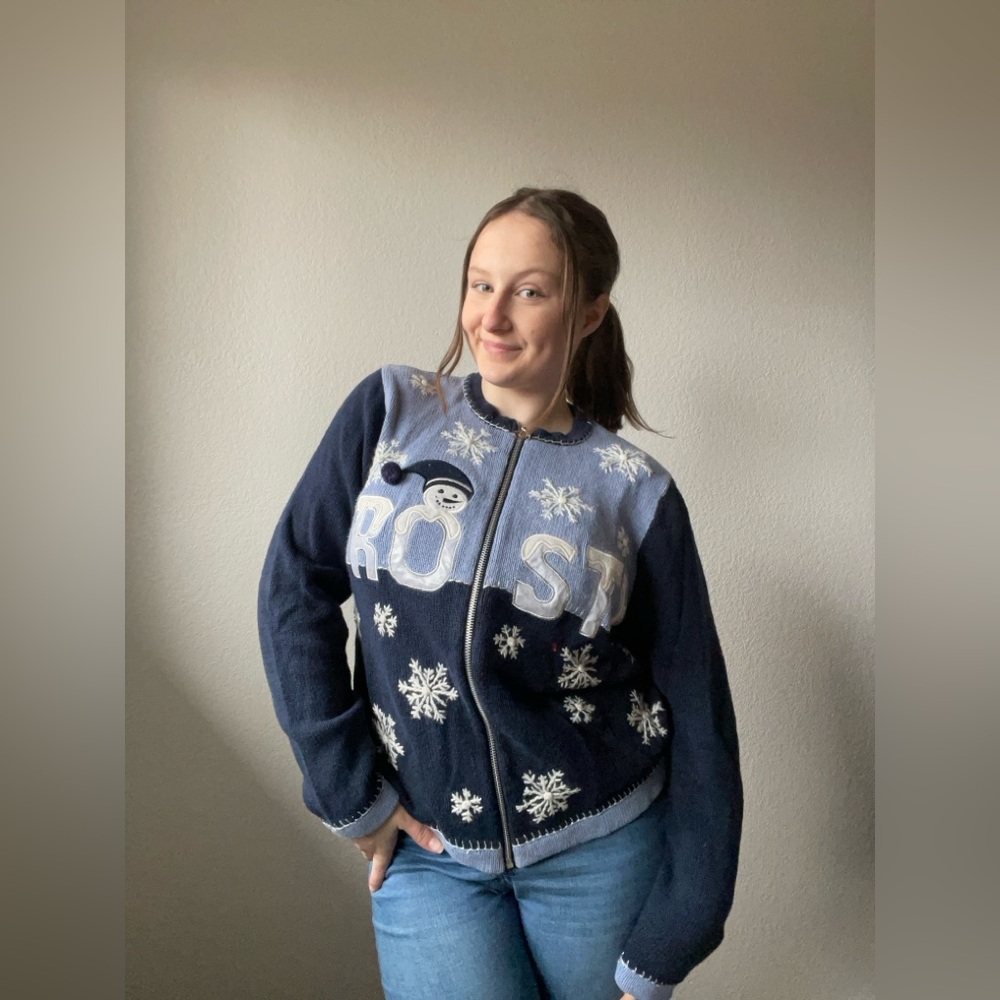 Frosty Blue Color Block Zip Up Sweater